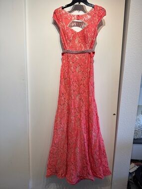 Sequin Hearts Coral Lace Evening Gown with Beaded Waist